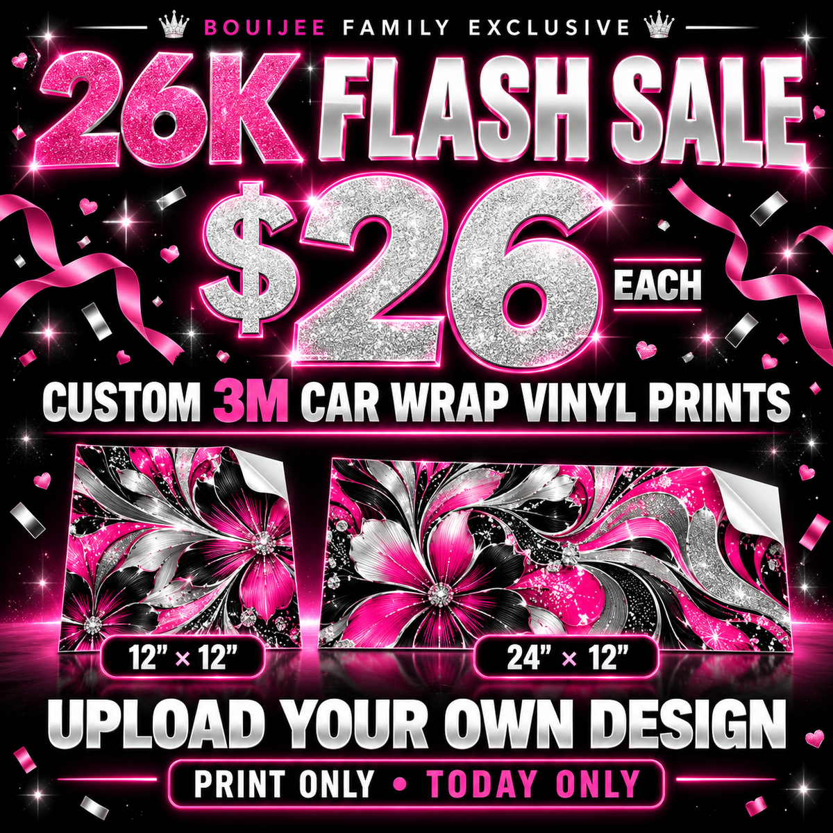 26K Flash Sale – Custom 3M Car Wrap Vinyl Prints – $26 each in 12 × 12 or 24 × 12 inches