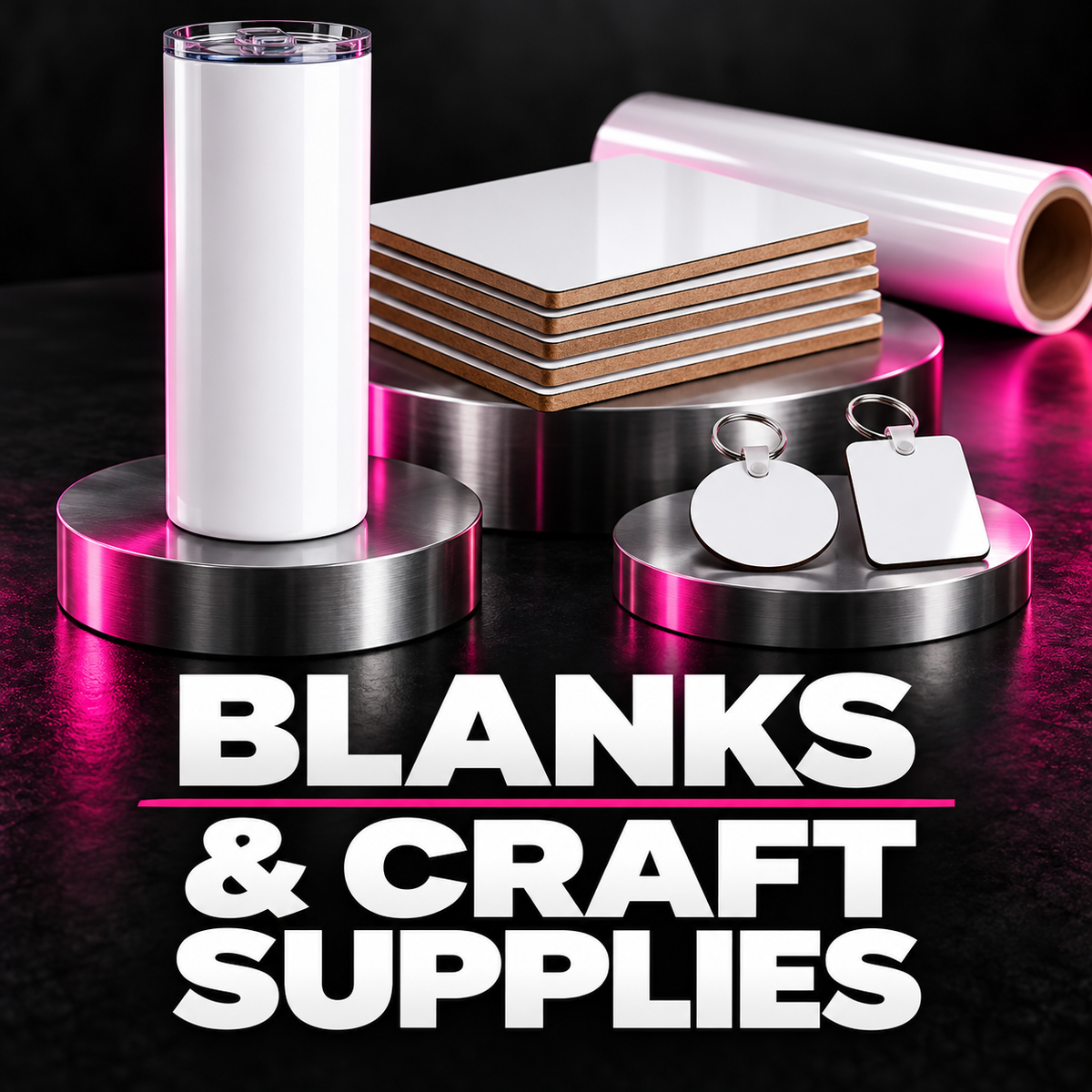 Blanks and Craft Supplies collection with a white tumbler, MDF blanks, keychain blanks and printing film on a silver display