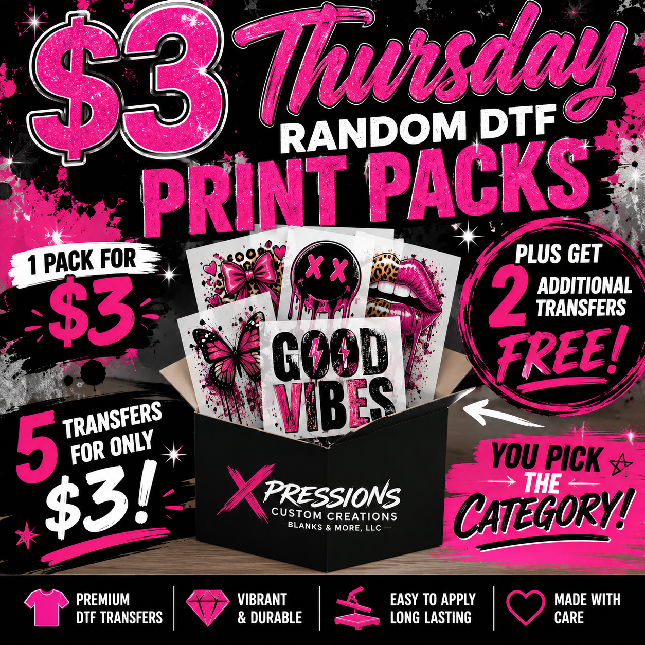 $3 Thursday Random DTF Print Pack – 5 Transfers for $3 (Choose Your Category)