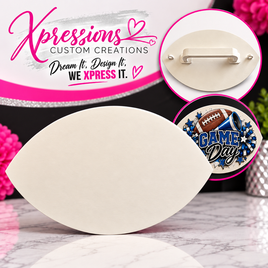 White football shaped sublimation blank with handle detail and printed example