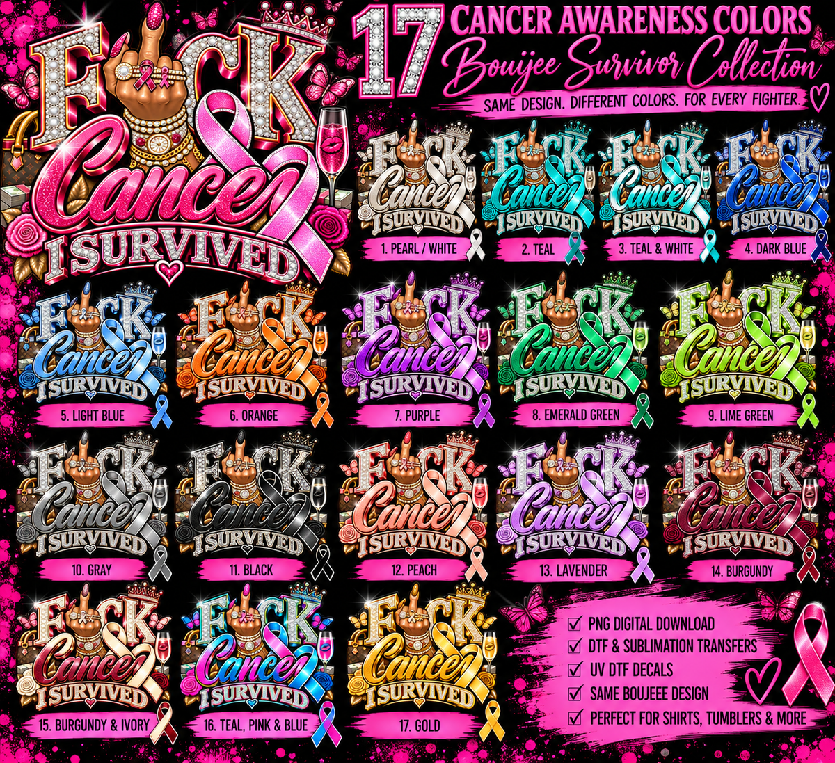 17 cancer awareness colors Bouijee Survivor collage including lavender