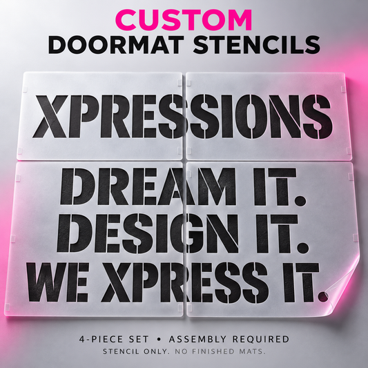 Illustrative four-piece custom doormat stencil set with Xpressions sample wording