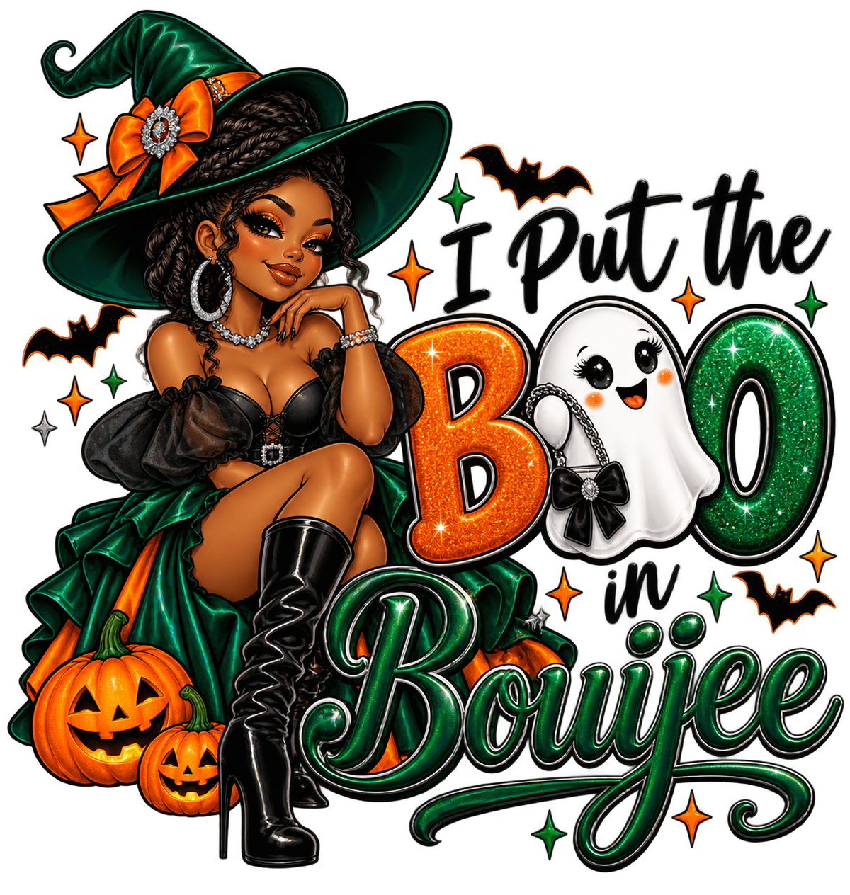 I Put the BOO in Bouijee Halloween DTF design in emerald green and orange