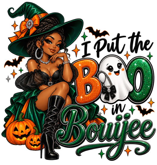 I Put the BOO in Bouijee Halloween DTF design in emerald green and orange
