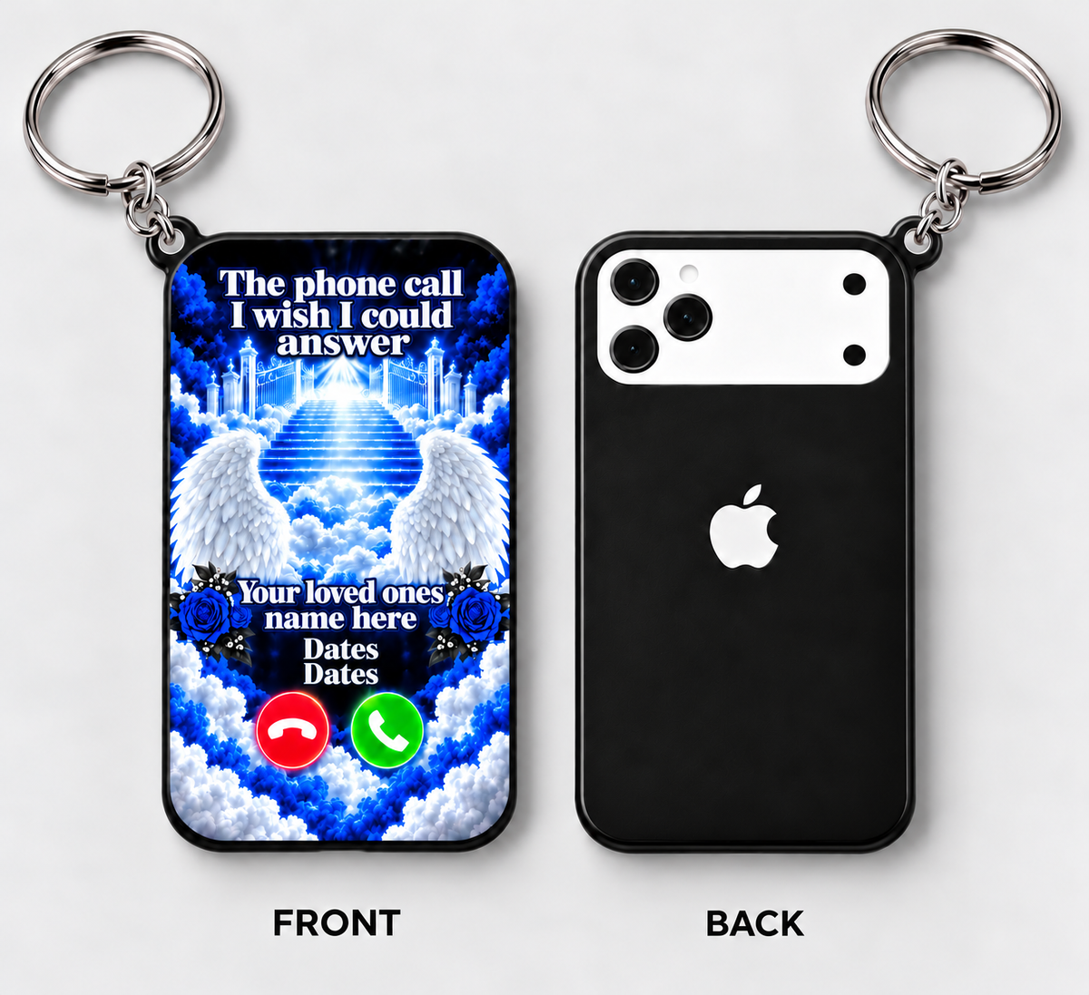 blue black and white memorial keychain front and back mockup