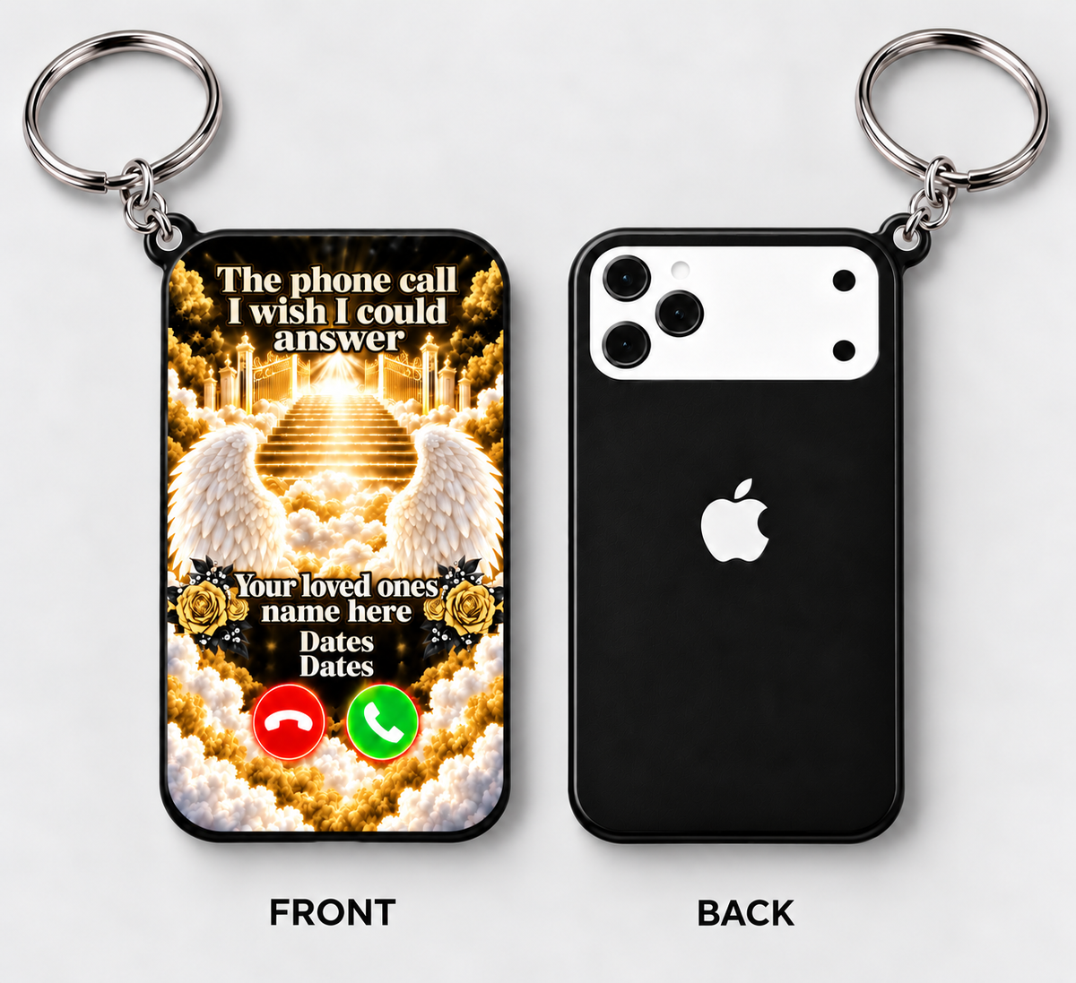 gold black and white memorial keychain front and back mockup