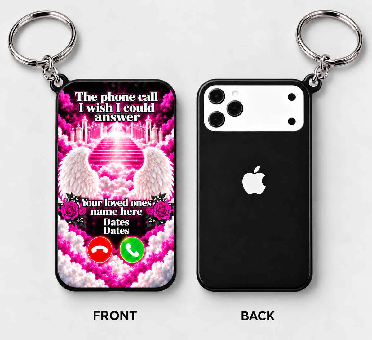 pink black and white memorial keychain front and back mockup