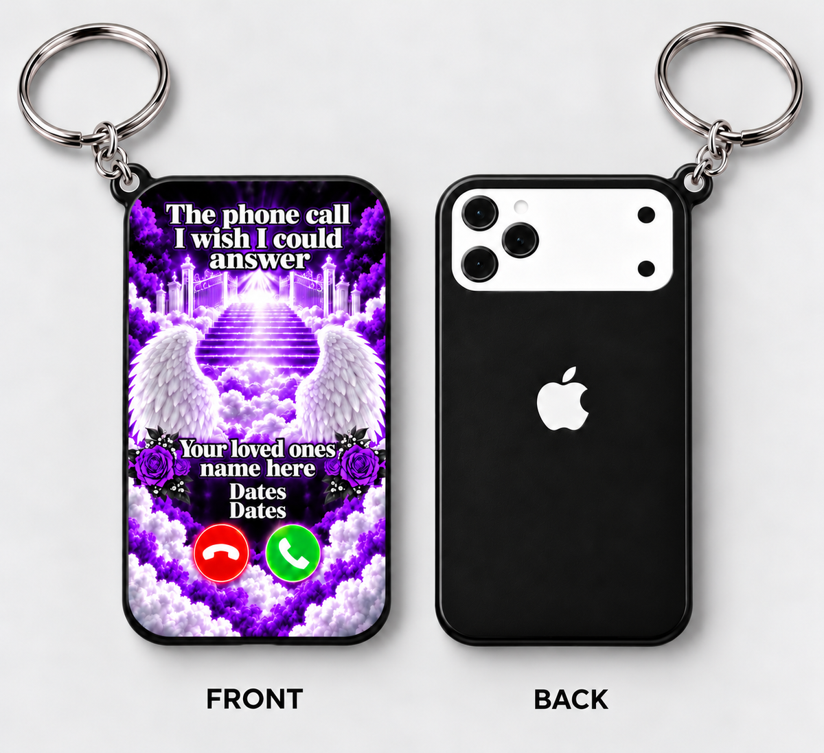 purple black and white memorial keychain front and back mockup