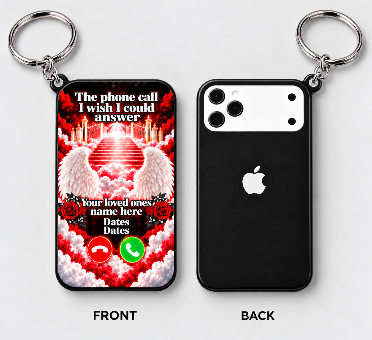 Illustrative front and back memorial keychain mockup with offset side keyring holder and solid closed bottom