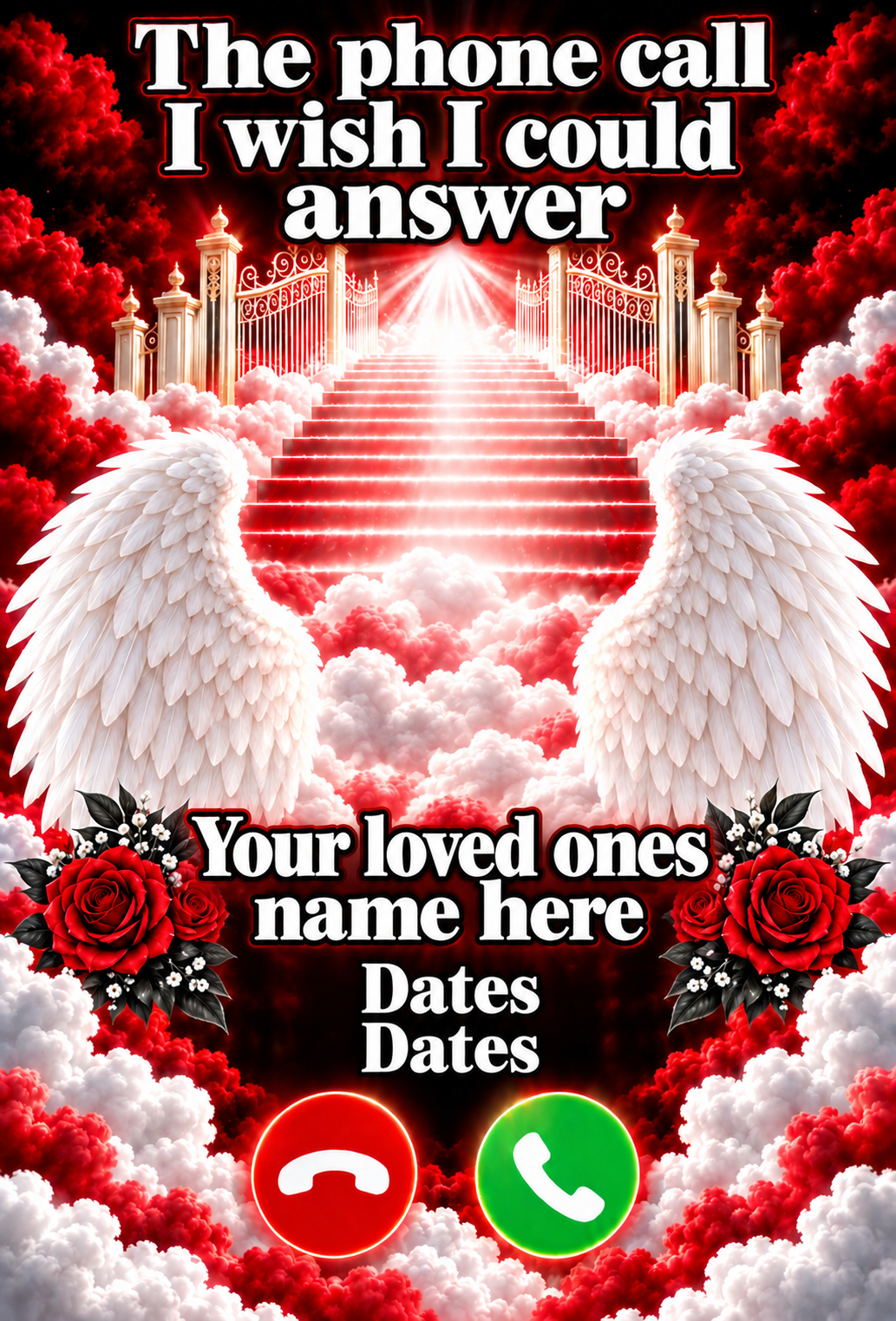 Memorial keychain personalization template. Red, black and white design shown.