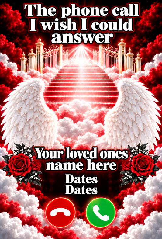 Memorial keychain personalization template. Red, black and white design shown.