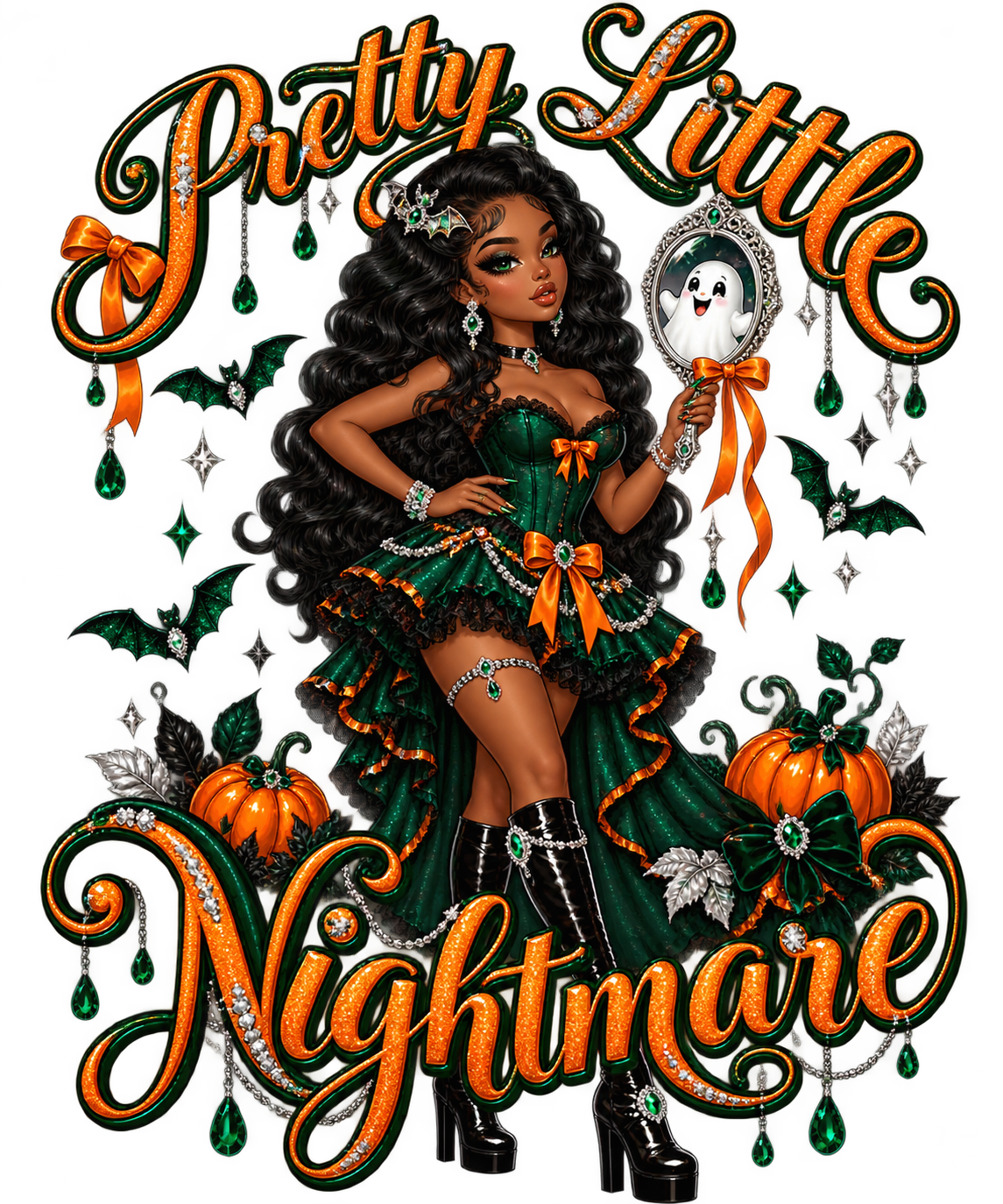 Pretty Little Nightmare Halloween design with an emerald dress, orange lettering, pumpkins and a ghost mirror