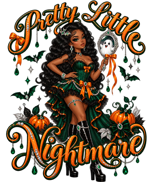 Pretty Little Nightmare Halloween design with an emerald dress, orange lettering, pumpkins and a ghost mirror