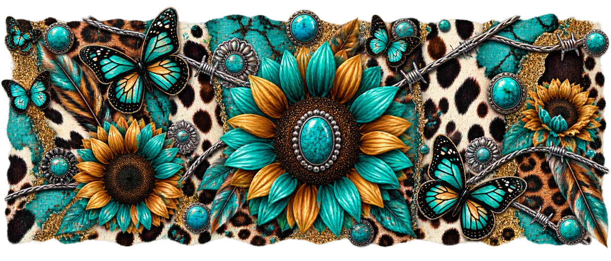 Turquoise Sunflower & Butterflies UV DTF cup wrap artwork