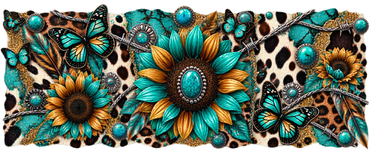 Turquoise Sunflower & Butterflies UV DTF cup wrap artwork