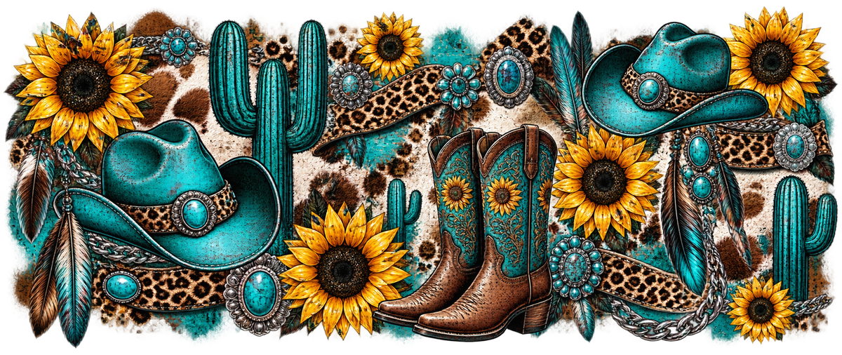 Turquoise Western Boho UV DTF cup wrap artwork
