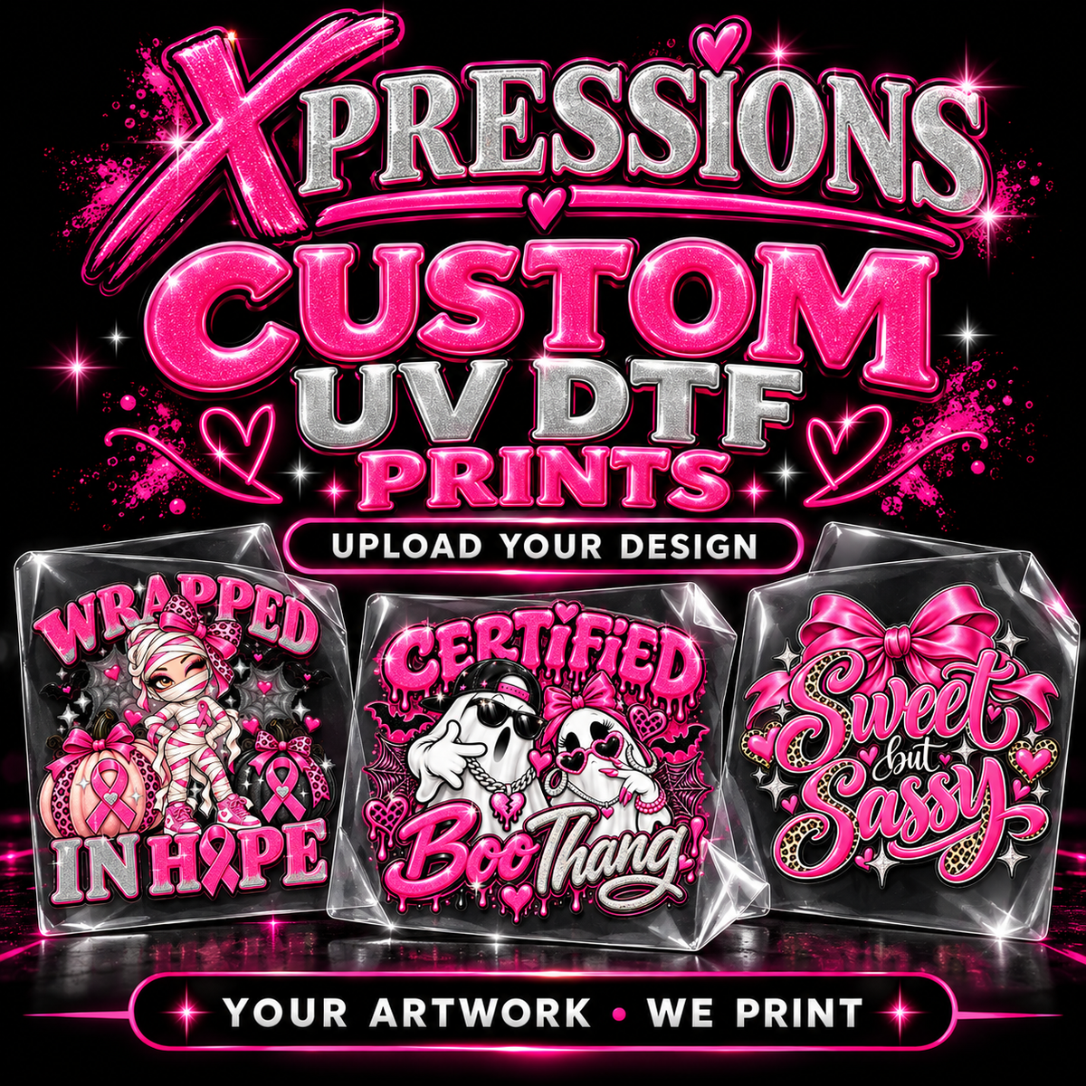 Custom UV DTF prints — upload your design. Sample Xpressions artwork.