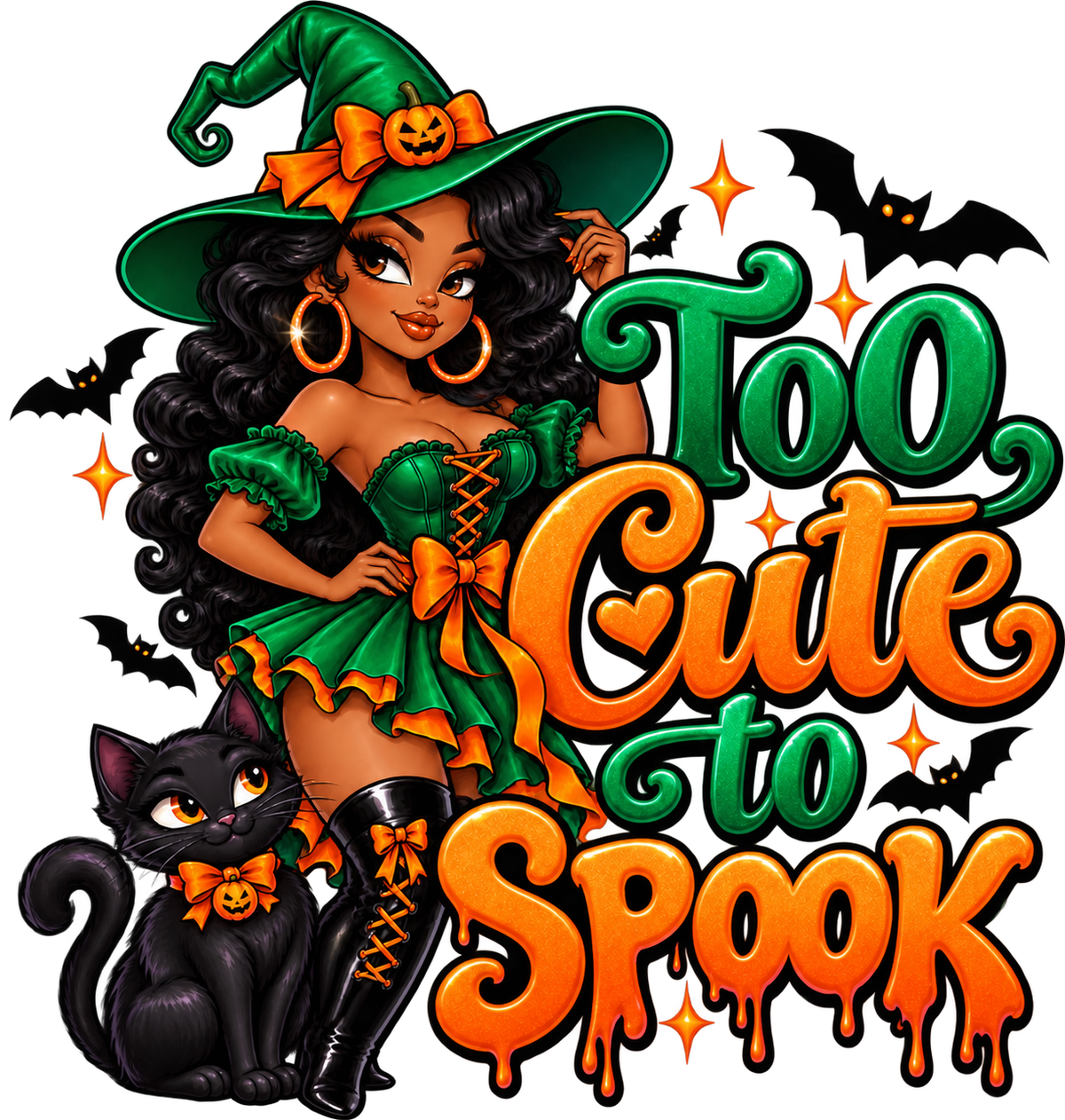Too Cute to Spook — Witch & Cat — DTF Transfer — Style 1
