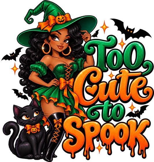 Too Cute to Spook — Witch & Cat — DTF Transfer — Style 1