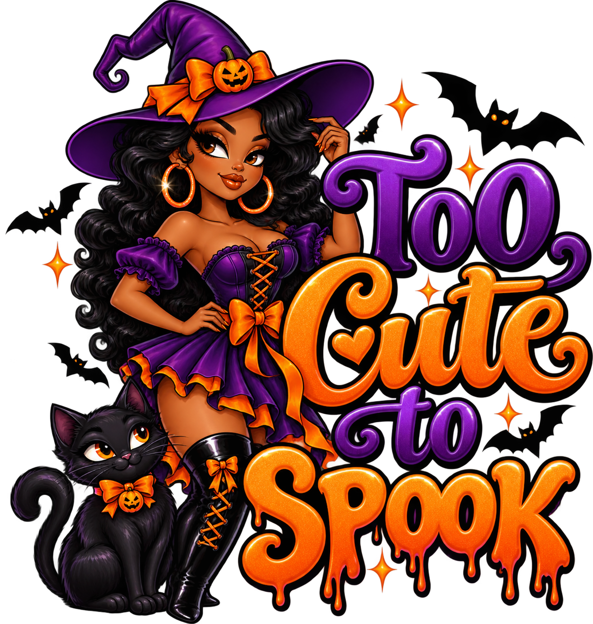 Too Cute to Spook — Witch & Cat — DTF Transfer — Style 2