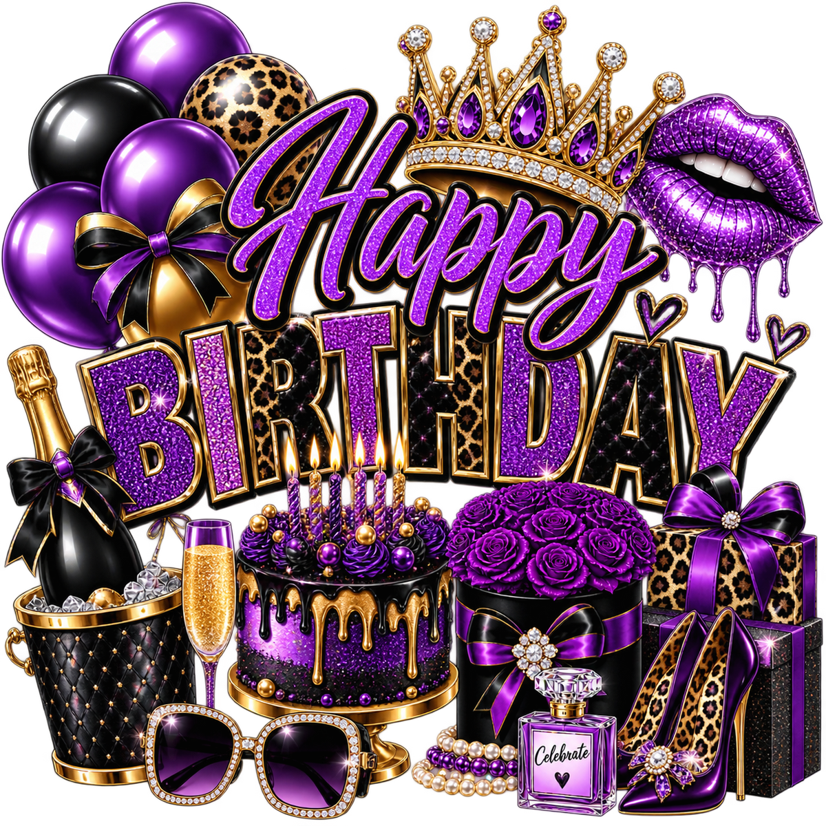 Happy Birthday — Purple Glam — DTF Transfer — Style 1