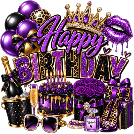 Happy Birthday — Purple Glam — DTF Transfer — Style 1