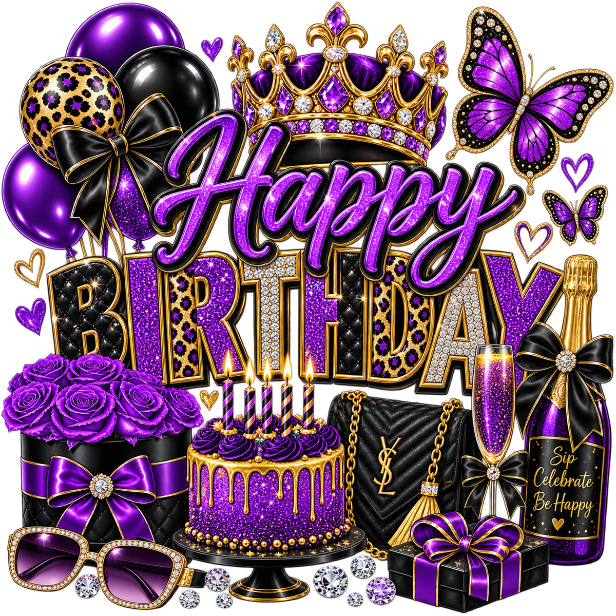 Happy Birthday — Purple Glam — DTF Transfer — Style 2