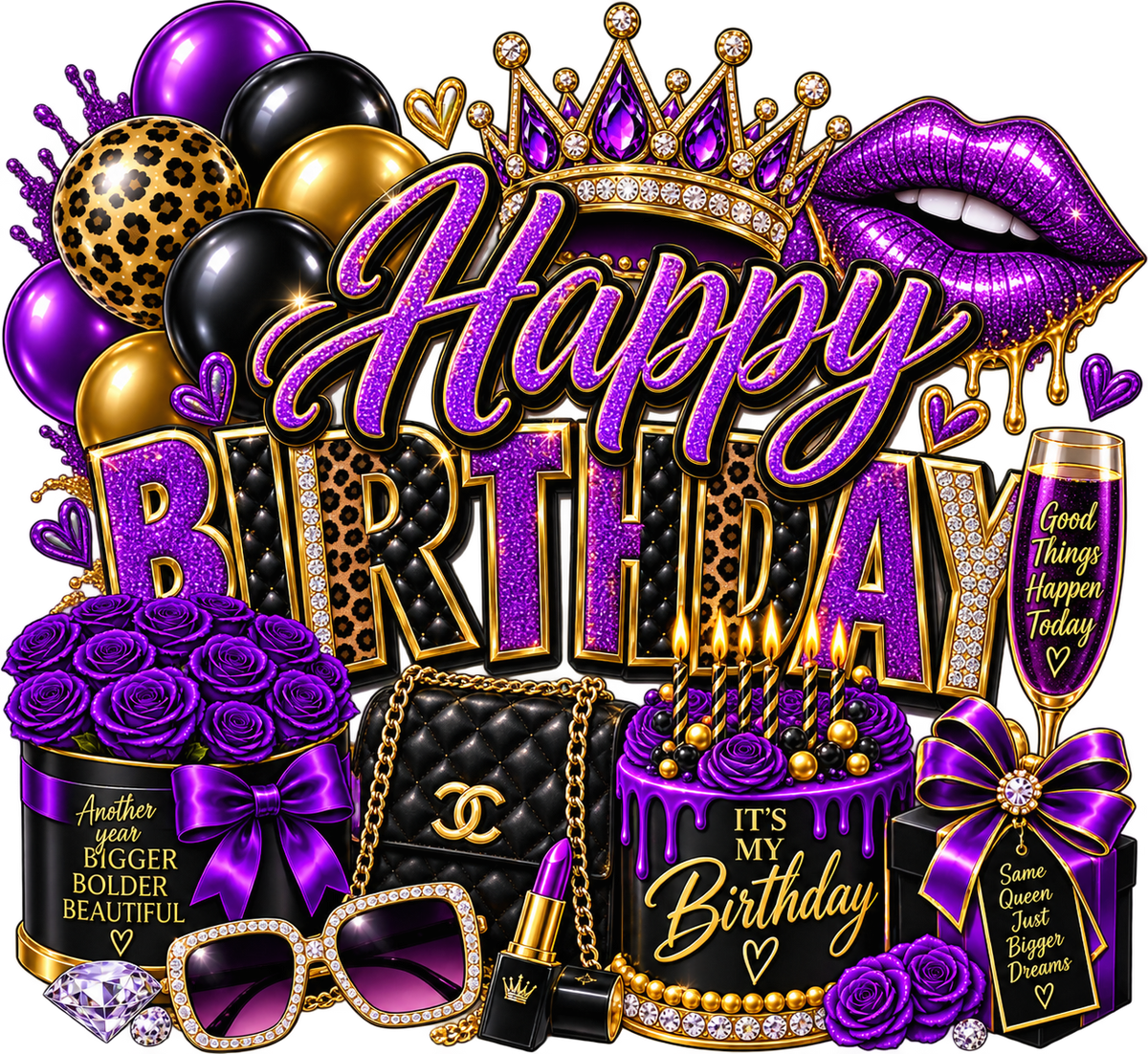 Happy Birthday — Purple Glam — DTF Transfer — Style 3