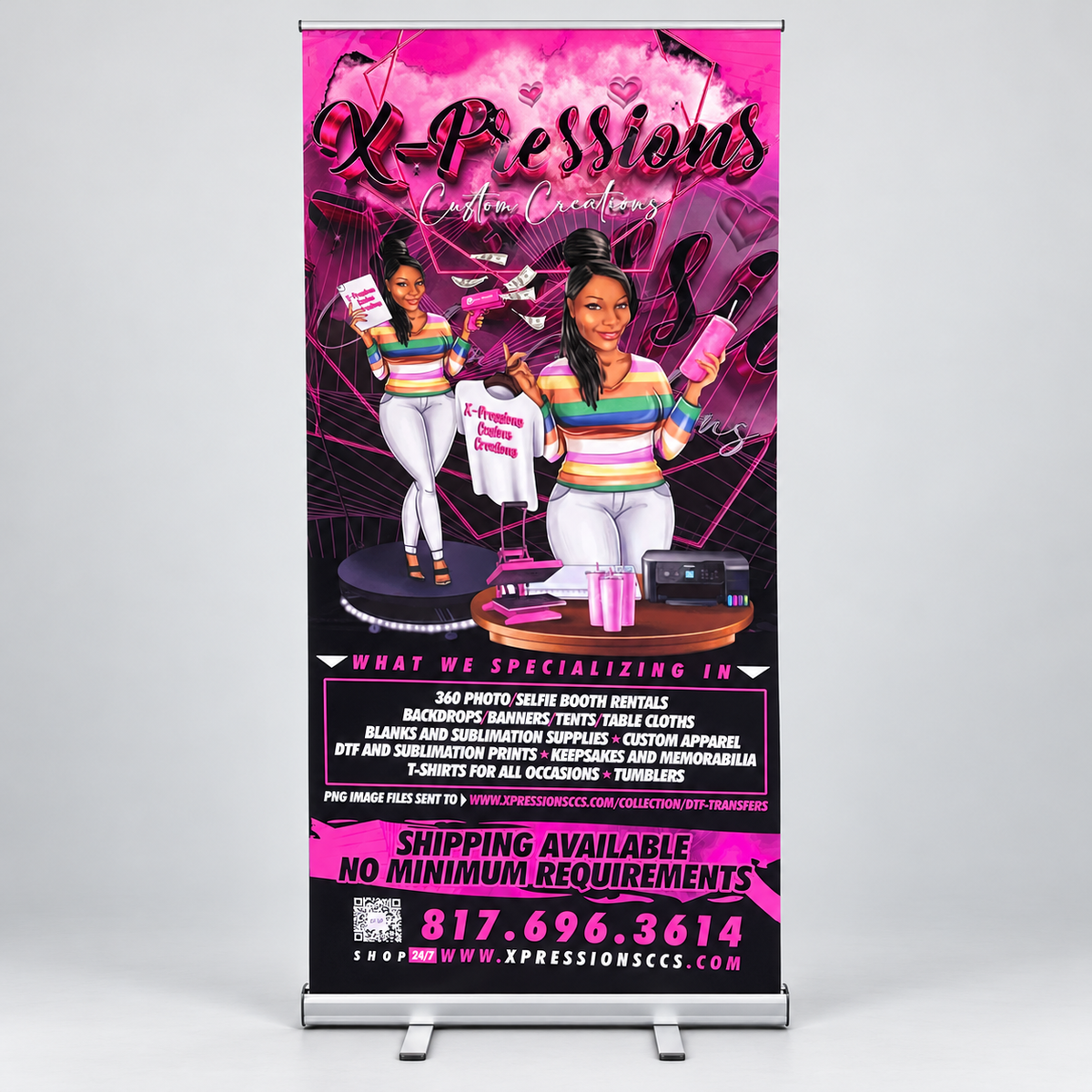 Xpressions retractable banner displayed upright against a clean light-gray studio background.