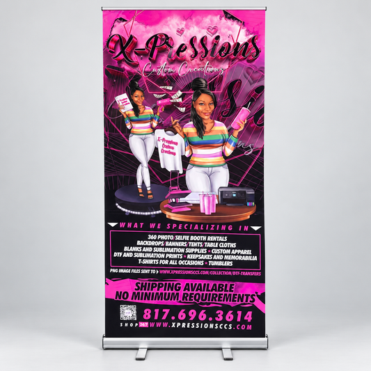 Xpressions retractable banner displayed upright against a clean light-gray studio background.