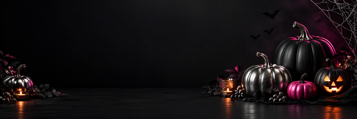 Black and silver pumpkins with hot-pink accents, a glowing jack-o-lantern, bats, and a delicate silver cobweb.
