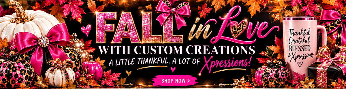 Xpressions Thanksgiving banner with pink and leopard pumpkins and A Little Thankful A Lot of Xpressions