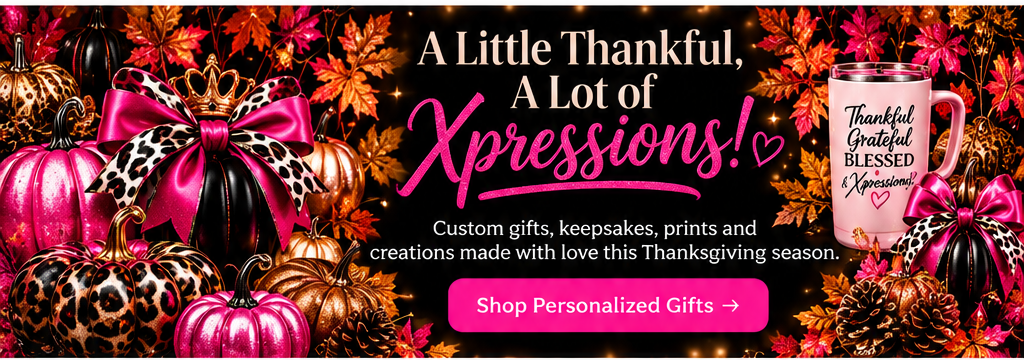 Xpressions glamorous Thanksgiving promotional banner with pink and leopard pumpkins